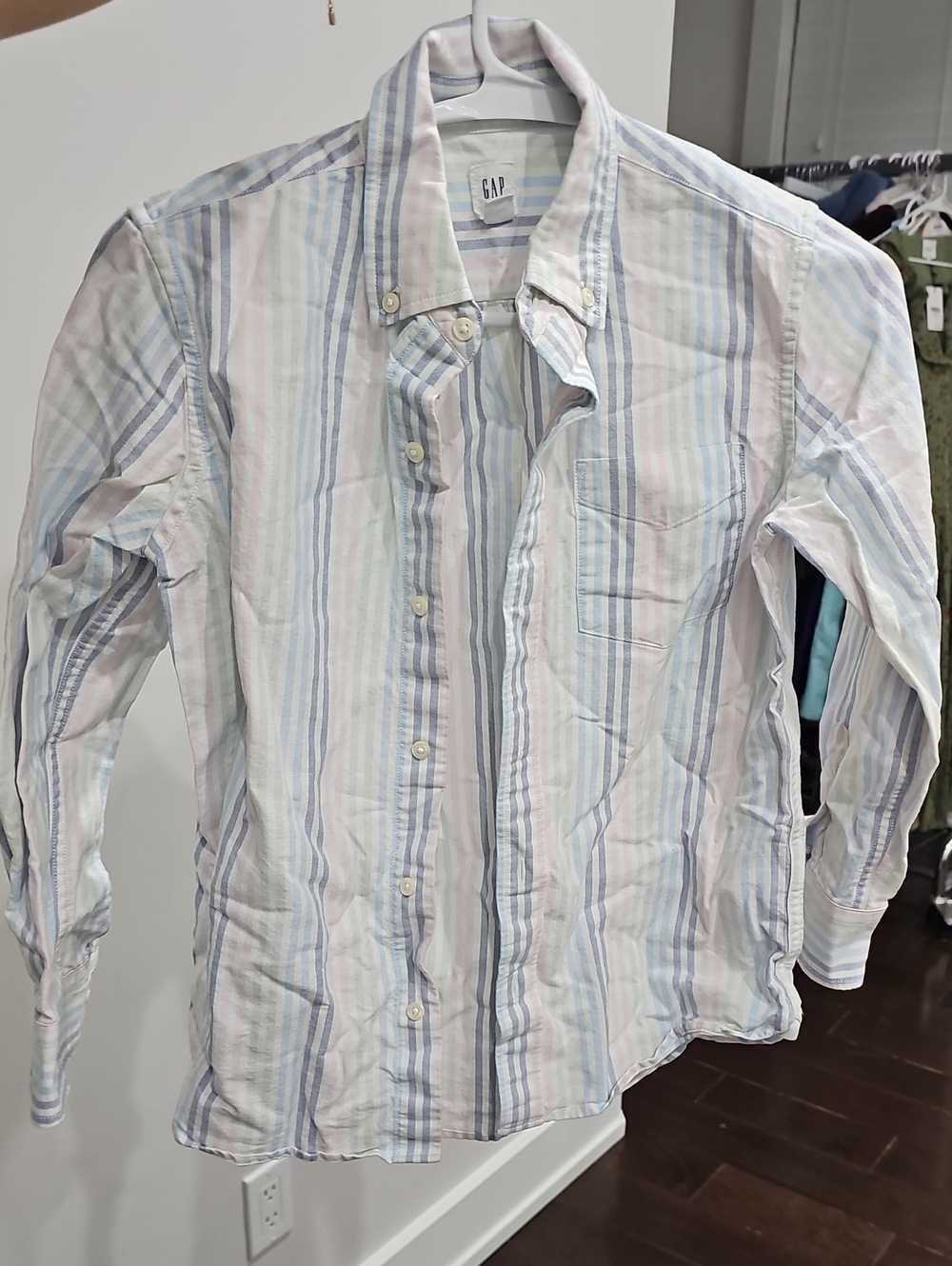 GAP Boys Lightweight Pastel Striped Button-Down Shirt - Blue, Pink & White